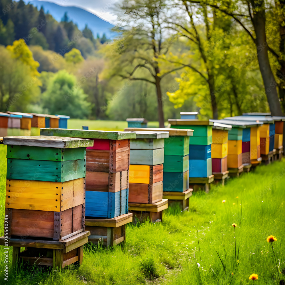 photo of wooden colored beehives in the nature photo of wooden colored beehives in the nature