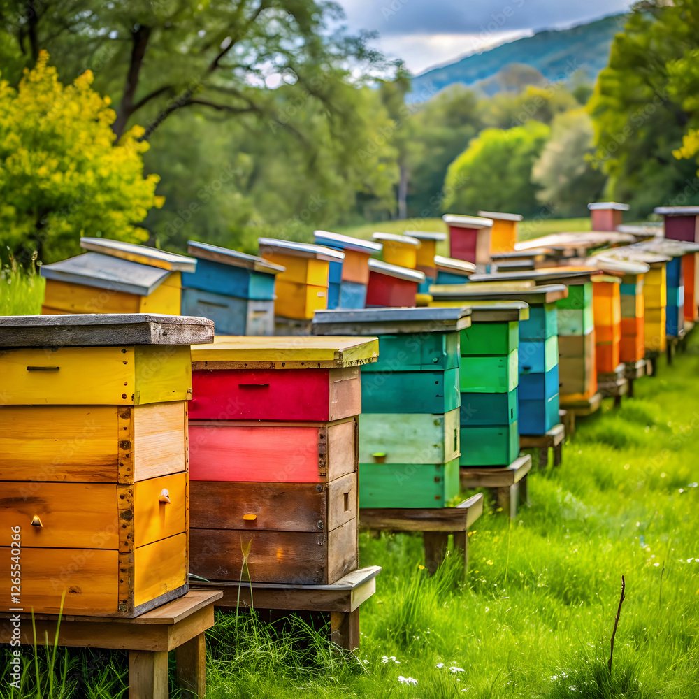 photo of wooden colored beehives in the nature photo of wooden colored beehives in the nature