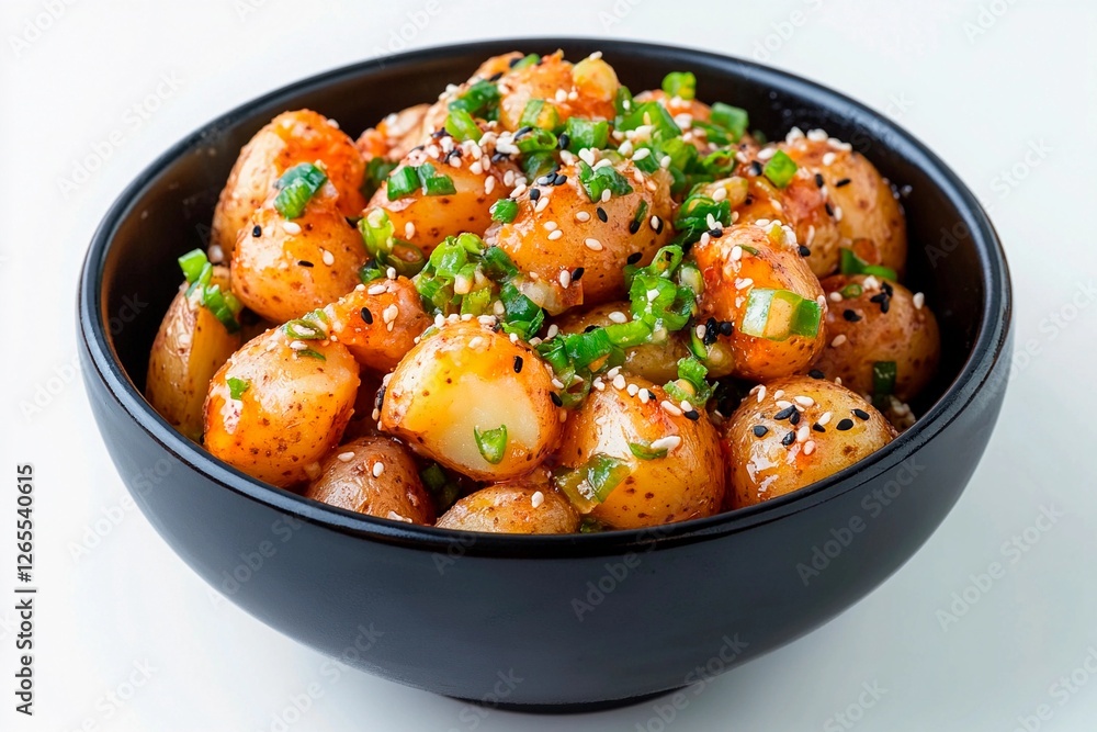 Savory spiced baby potatoes garnished with green onions and sesame seeds delightfully presented Savory spiced baby potatoes garnished with green onions and sesame seeds delightfully presented