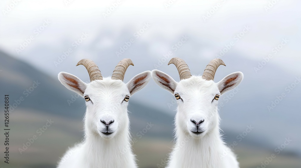 Obraz premium Two White Goats With Horns In Mountainous Landscape