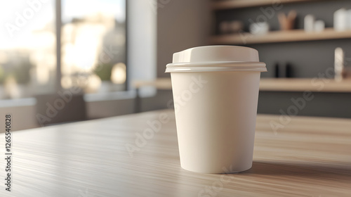 Coffee cup on a wooden surface with a soft shadow in a bright space.
