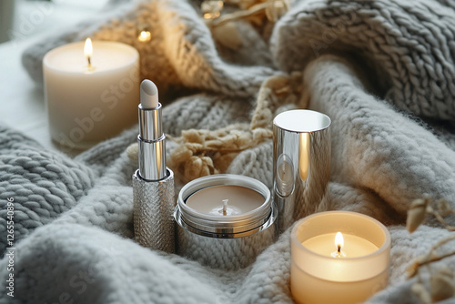 Cosmetic product in stylish packaging among a warm soft blanket and candles photo