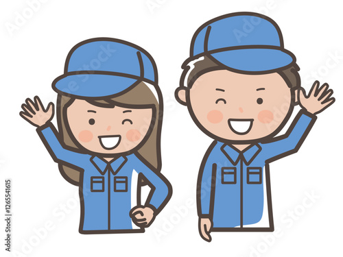 元気に挨拶をする作業着姿の男女作業員（清掃員）の上半身イラスト