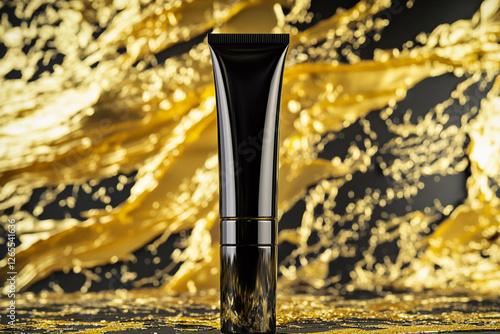 One glossy tube of professional cosmetics stands on a background with golden details photo