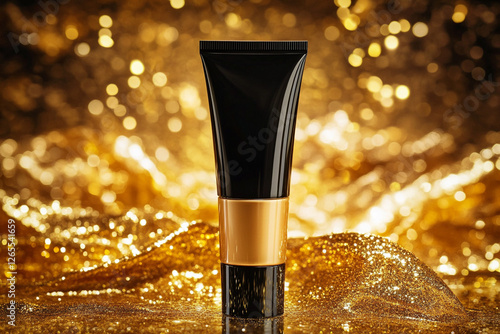 One glossy tube of professional cosmetics stands on a background with golden details photo