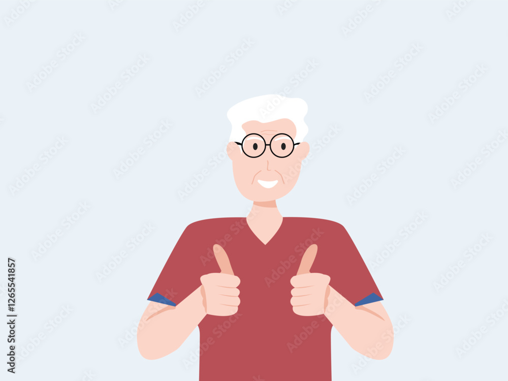 Happy senior man showing thumbs up with both hands and smiling. Cartoon, vector and illustration. Happy senior man showing thumbs up with both hands and smiling. Cartoon, vector and illustration.