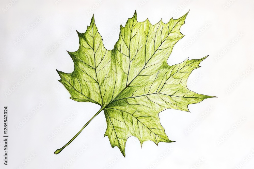 Fototapeta premium Green maple leaf drawing, white background, nature illustration, botanical art