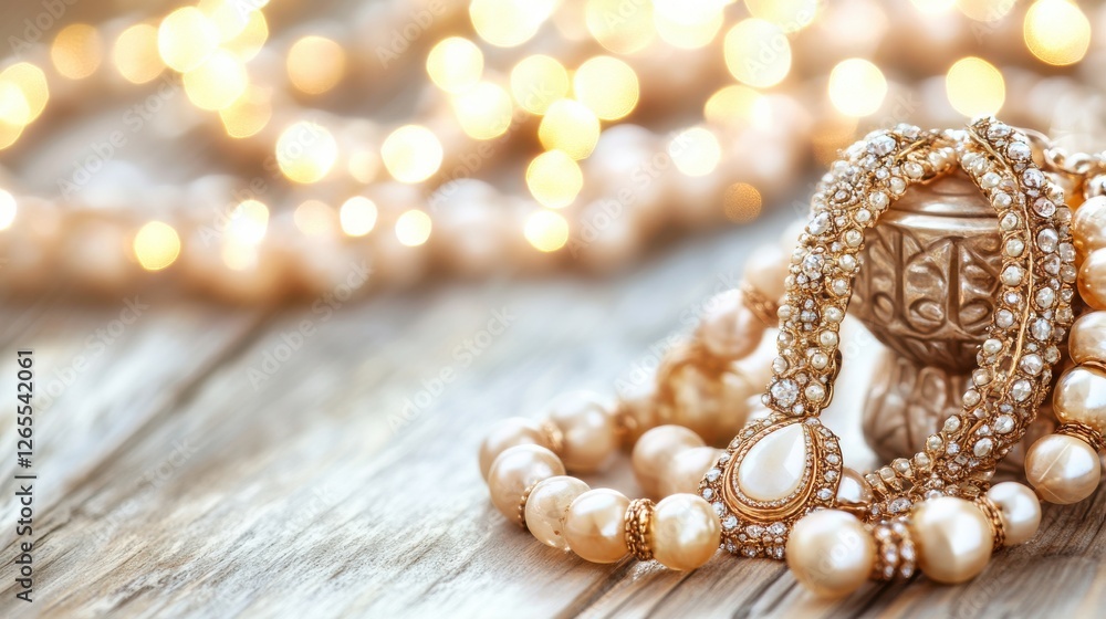 Elegant Golden Jewelry Display on Wooden Background with Bokeh Elegant Golden Jewelry Display on Wooden Background with Bokeh