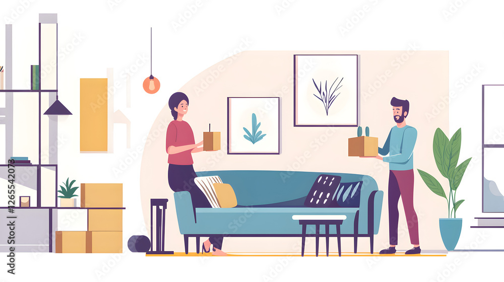 standing in their empty new house, imagining and discussing interior decoration ideas standing in their empty new house, imagining and discussing interior decoration ideas