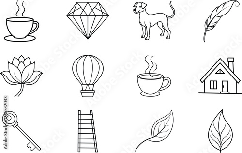 Line Art Icons Coffee, Home, Dog, Diamond, Nature, Key