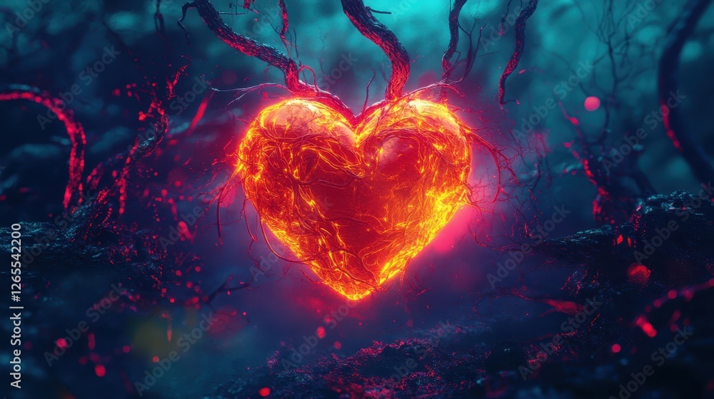 Glowing Heart with Fiery Texture in Dark Woods Glowing Heart with Fiery Texture in Dark Woods