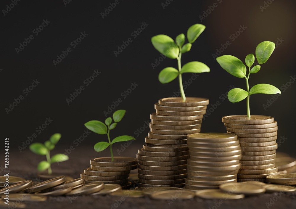 Green plants growing from stacks of coins symbolizing growth and prosperity. Green plants growing from stacks of coins symbolizing growth and prosperity.