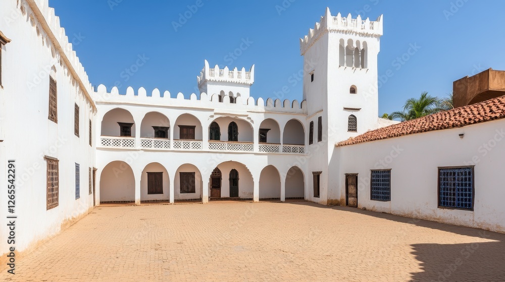 Fototapeta premium Charming White Historic Architecture with Courtyard and Tower