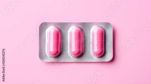 A pack of three pink capsules on a pastel pink background, showcasing a clean and vibrant pharmaceutical presentation.