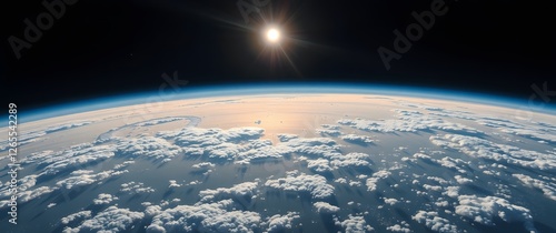 A space wallpaper showing a panoramic view of Earth from space, rendered in a photorealistic style with crisp details and realistic cloud formations, framed in a wide cinematic asp.