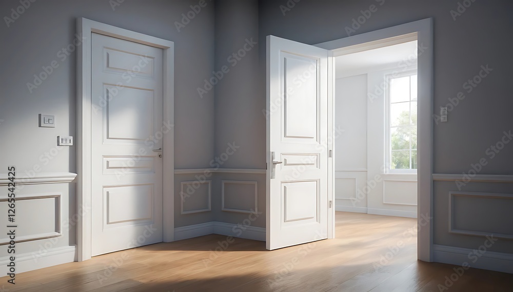 Fototapeta premium Open Doors in Bright Room Revealing Another Space with Natural Light