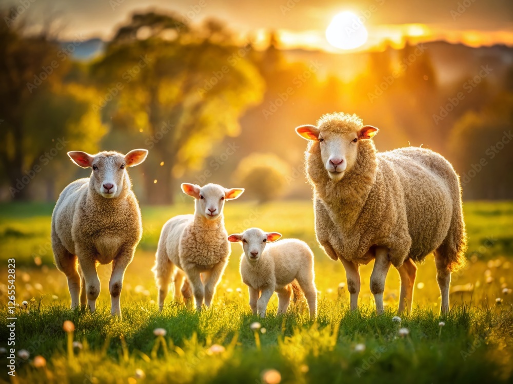 Fototapeta premium Adorable Sheep Family in Lush Green Farm Field - Bokeh Effect