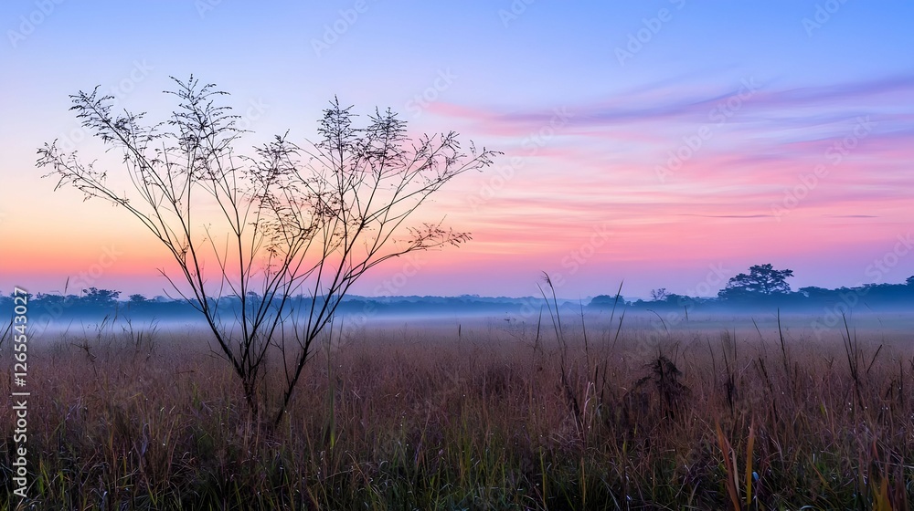 Obraz premium Misty Meadow Sunrise Silhouette