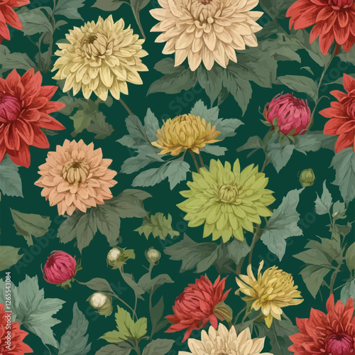 Seamless autumn floral pattern with dahlias, chrysanthemums, asters, zinnias, dogwood berries. Vintage engraving style. Green