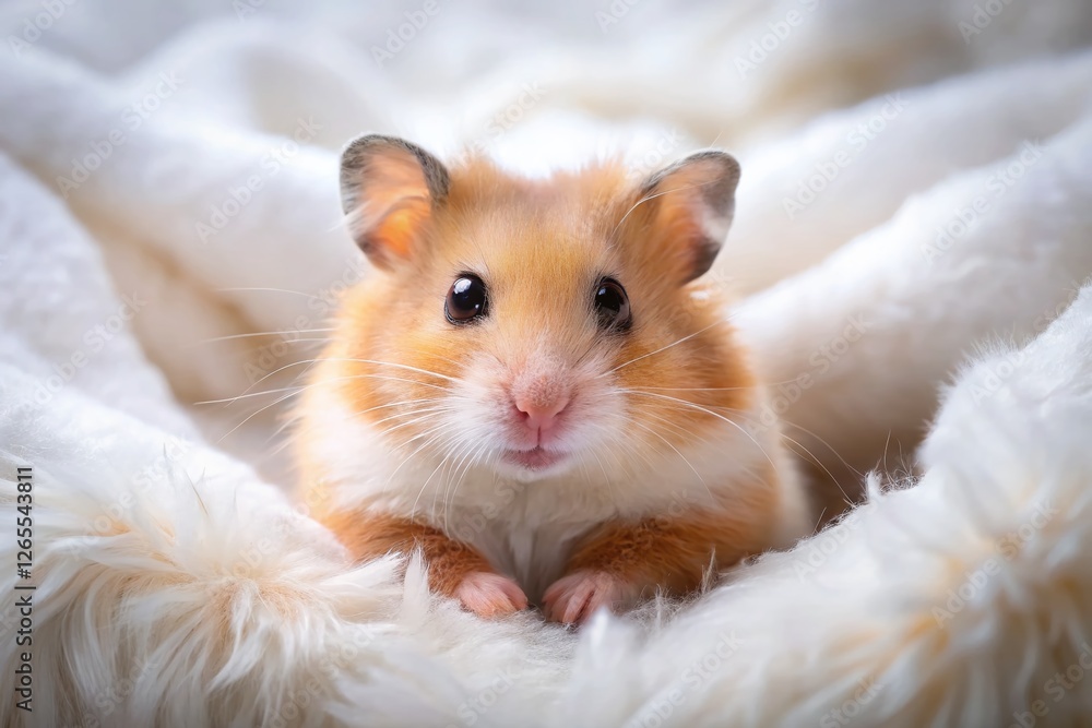 Adorable Syrian Hamster Relaxing on Soft White Blanket - Cozy Pet Photography Adorable Syrian Hamster Relaxing on Soft White Blanket - Cozy Pet Photography