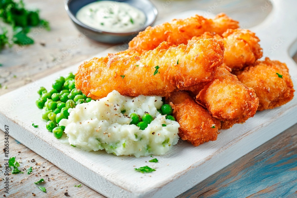 Golden fish fingers served with creamy mashed potatoes and fresh green peas on rustic wooden board Golden fish fingers served with creamy mashed potatoes and fresh green peas on rustic wooden board
