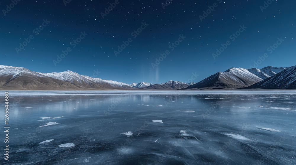 Fototapeta premium A majestic frozen lake reflecting the vibrant hues of the aurora borealis above