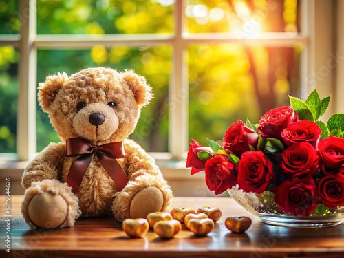 Adorable Teddy Bear with Chocolates and Roses by Sunny Window - Tilt-Shift Miniature Photography