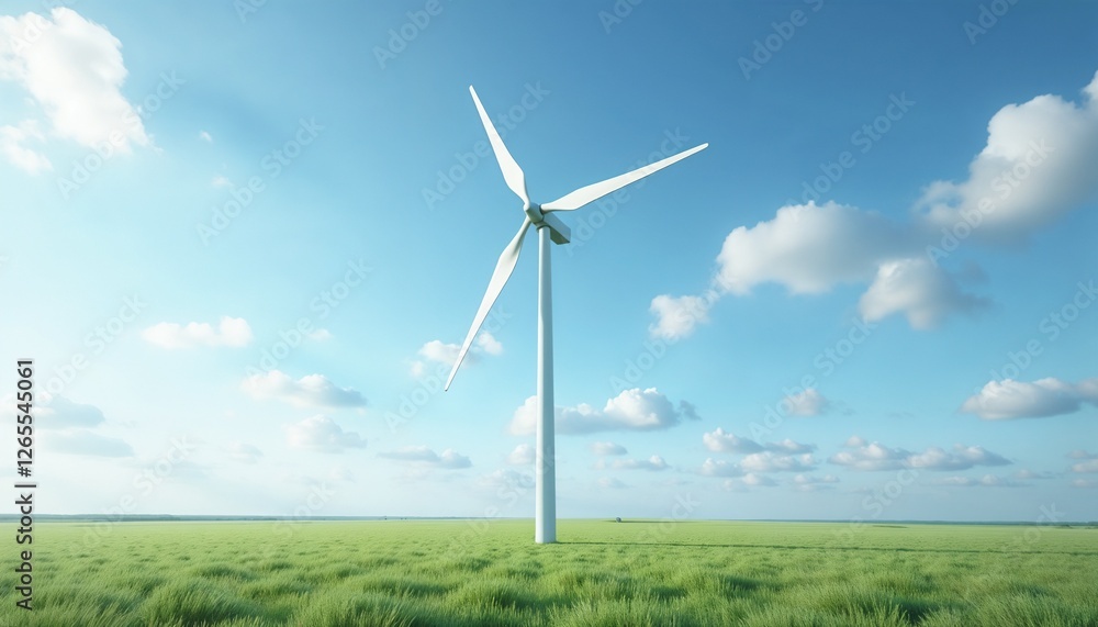 Modern wind turbine in a green field under a clear blue sky with fluffy clouds Modern wind turbine in a green field under a clear blue sky with fluffy clouds