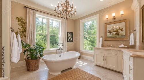 Wallpaper Mural Master bathroom with a large freestanding tub, light tan walls and ceiling, a vintage-style chandelier Torontodigital.ca