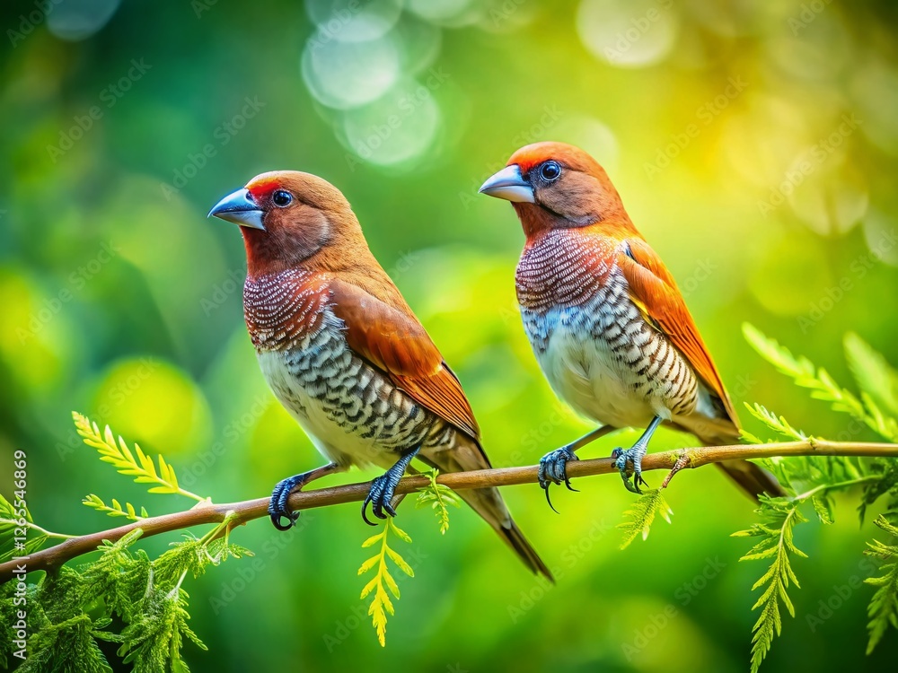 Fototapeta premium Adorable Young Scaly-Breasted Munia Birds Perched on a Tree Branch in a Lush Park