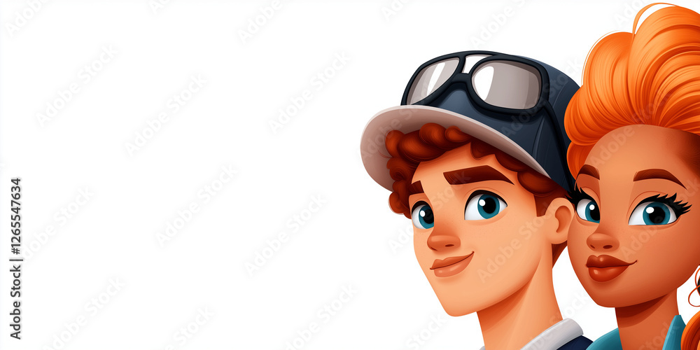 Friendly illustration of a young diverse couple smiling together, showcasing modern styles and confidence Friendly illustration of a young diverse couple smiling together, showcasing modern styles and confidence