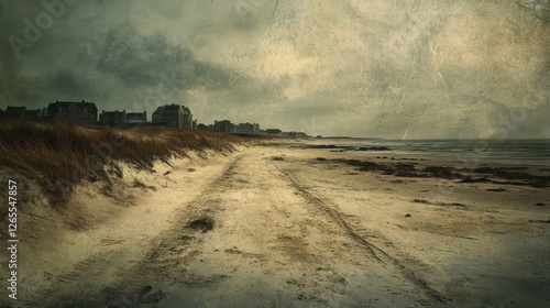 Cloudy beach scene with tire tracks in the sand