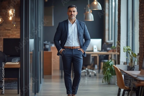 Successful hispanic 40s business man looking confident at camera. Smiling latin or middle eastern middle age male ceo leader businessman standing in office.