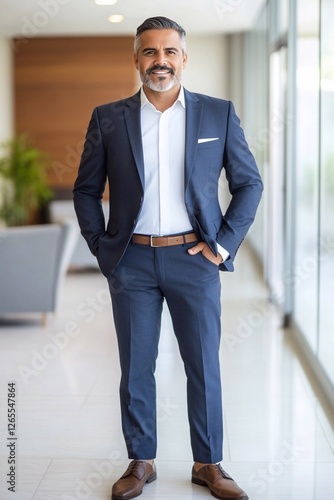 Successful hispanic 50s business man looking confident at camera. Smiling latin or middle eastern middle age male ceo leader businessman standing in office.