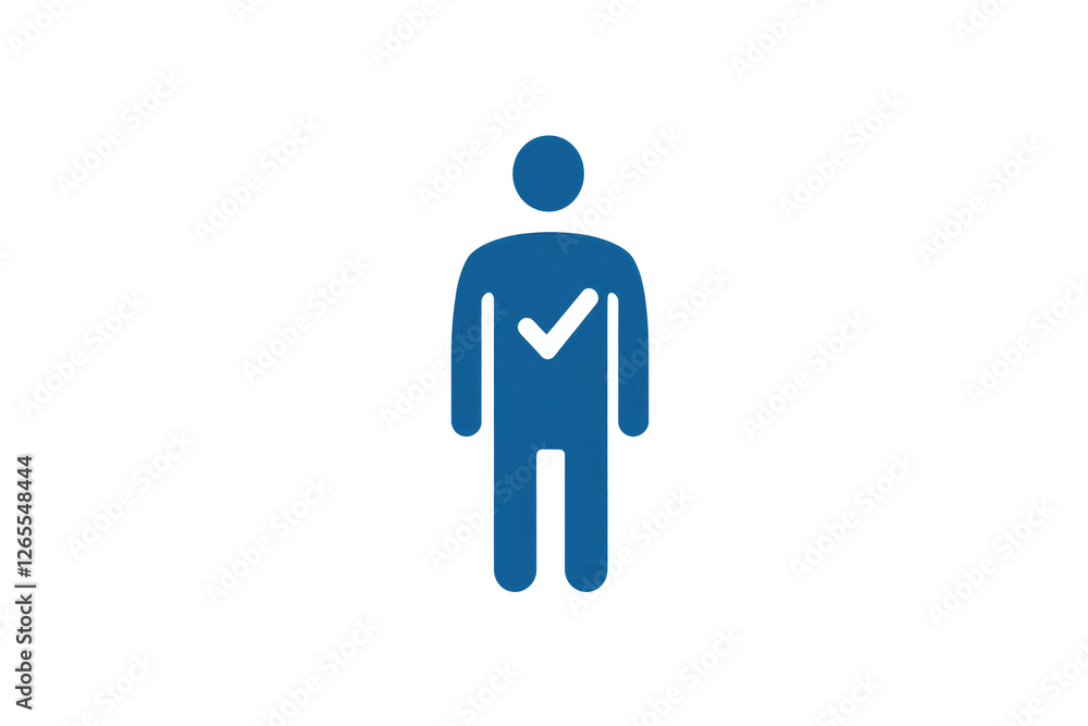 Minimalist blue human figure icon with a white checkmark on the chest, symbolizing approval, verification, or certification, isolated on a white background. Minimalist blue human figure icon with a white checkmark on the chest, symbolizing approval, verification, or certification, isolated on a white background.
