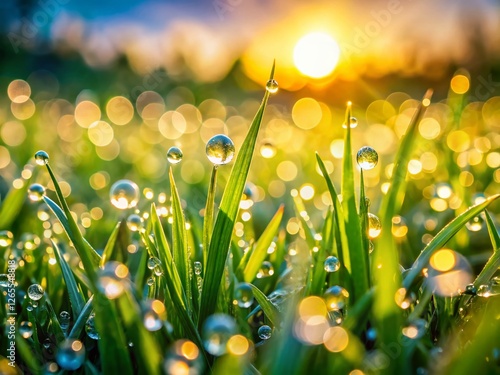 Aerial Drone Shot: Dew Drops on Lush Green Grass at Sunrise