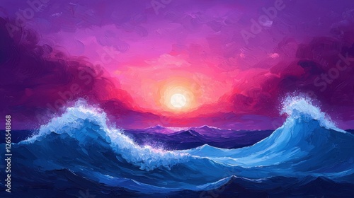 The vibrant sunset hues of purple, red, and orange reflect off a crashing ocean wave, creating a dramatic scene of color and motion in the sky and water