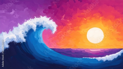 The vibrant sunset hues of purple, red, and orange reflect off a crashing ocean wave, creating a dramatic scene of color and motion in the sky and water