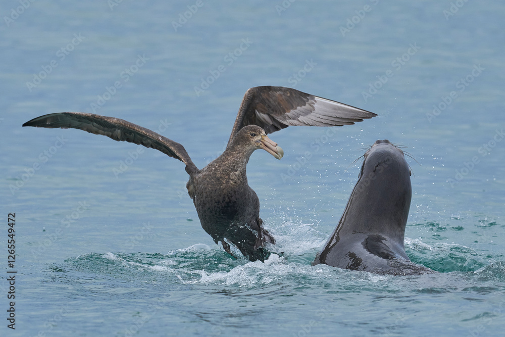 Obraz premium Southern Giant Petrels (Macronectes giganteus) trying to scavenge from a Southern Sea Lion (Otaria flavescens) with a recently caught penguin on the coast of Sea Lion Island in the Falkland Islands.
