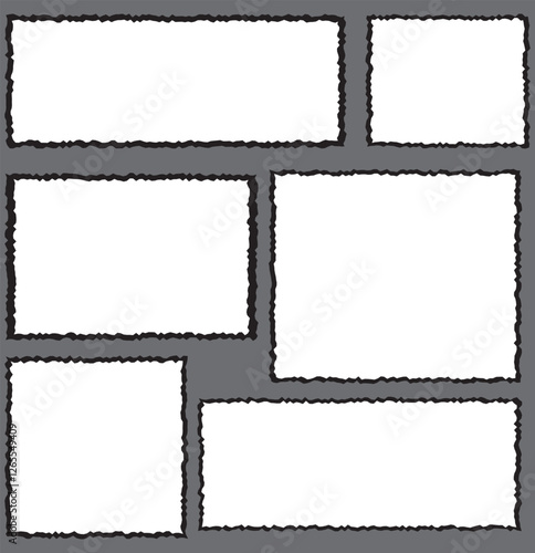 Set of black grunge rectangle frames with jagged edges. Geometric rectangular form of old torn paper pieces or shred black sheets. Ripped edge texture simple shape silhouettes of page tear fragments. 