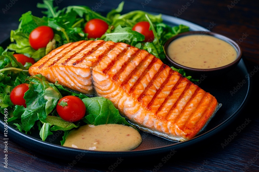 Delicious grilled salmon served on a fresh salad with vibrant cherry tomatoes and dressing Delicious grilled salmon served on a fresh salad with vibrant cherry tomatoes and dressing
