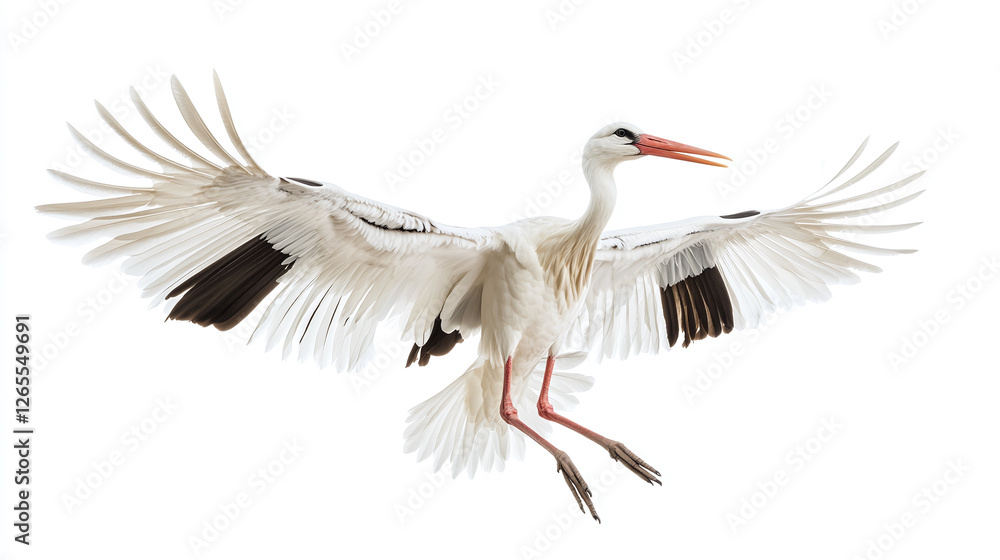 Fototapeta premium White stork collection, flying, portrait and standing, isolated on a white background.