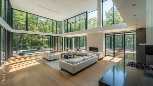 Modern home interior, sunlit great room, expansive windows, forest view photo