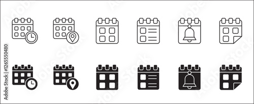 Calendar icon set. Icons set contains symbol of schedule, agenda, time, event alert, appointment, timer, payday. Vector icons in thin line and solid design.