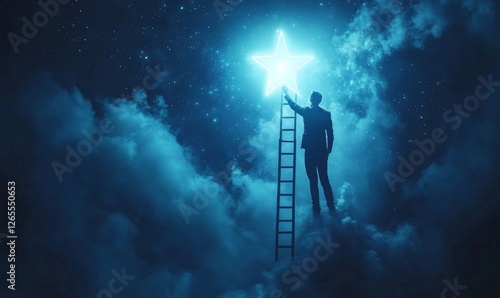 Businessman standing on a ladder reaching for a glowing star, symbolizing ambition and aspiration. Success concept