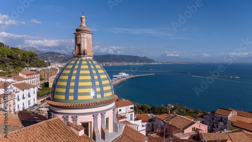 Aerial view of the colorful dome of the church in Vietri sul Mare, Italy photo