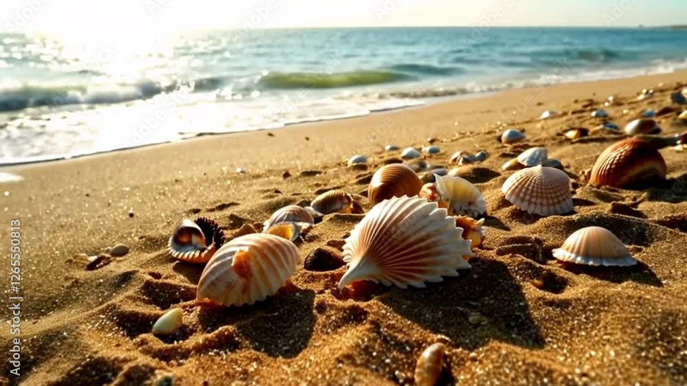 An ocean wave washes a sandy beach with large shells on a bright sunny day An ocean wave washes a sandy beach with large shells on a bright sunny day