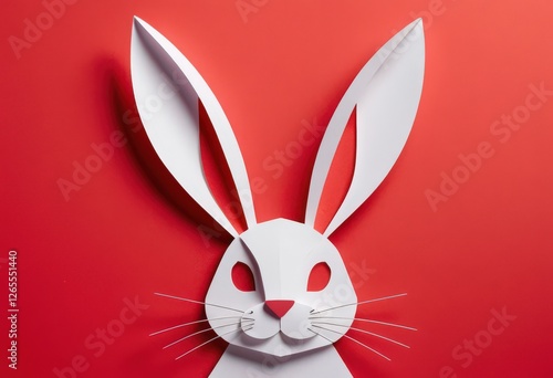 White paper rabbit with detailed whiskers and long ears crafted on a vibrant red background, symbolizing creativity and design photo