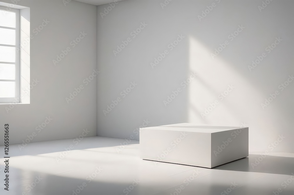 Minimalist White Room with Natural Light from Window and Empty Display Pedestal Minimalist White Room with Natural Light from Window and Empty Display Pedestal