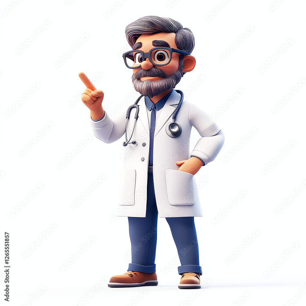 Friendly Cartoon Doctor: 3D Render of a Smiling Male Physician Pointing, Perfect for Healthcare Websites and Medical Content Friendly Cartoon Doctor: 3D Render of a Smiling Male Physician Pointing, Perfect for Healthcare Websites and Medical Content